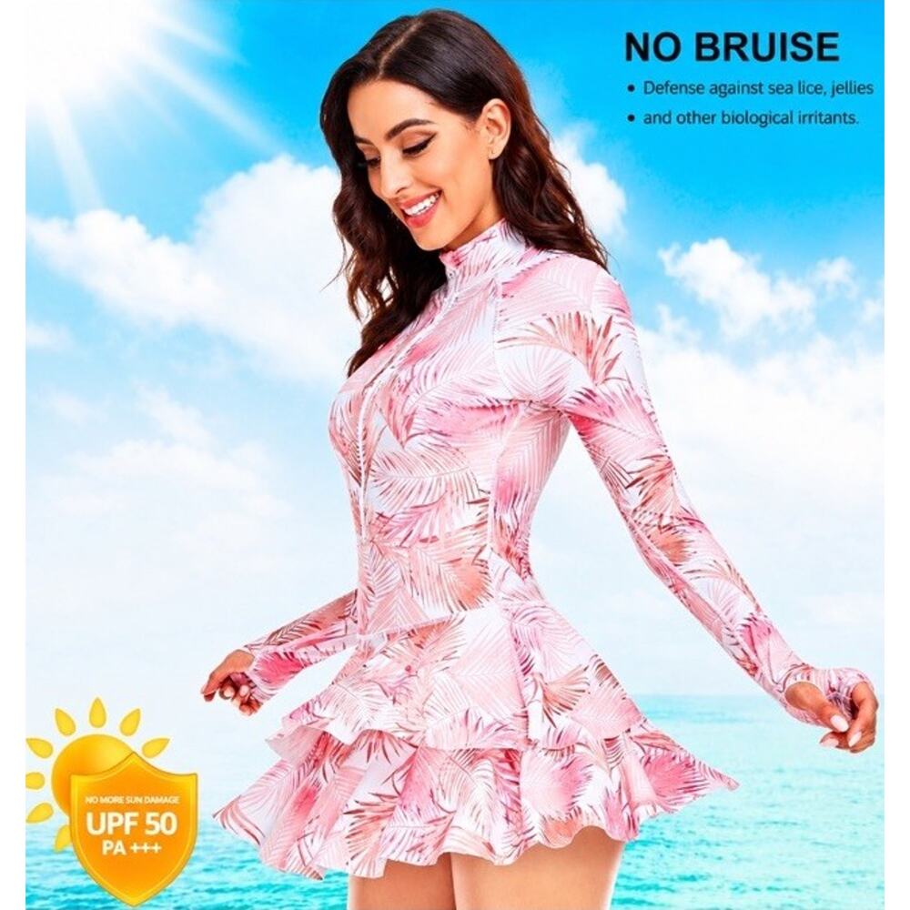 Uniquebella Rash Guard Swim Dress Swimsuit White Pink Modest One Piece NWT M - Picture 3 of 12
